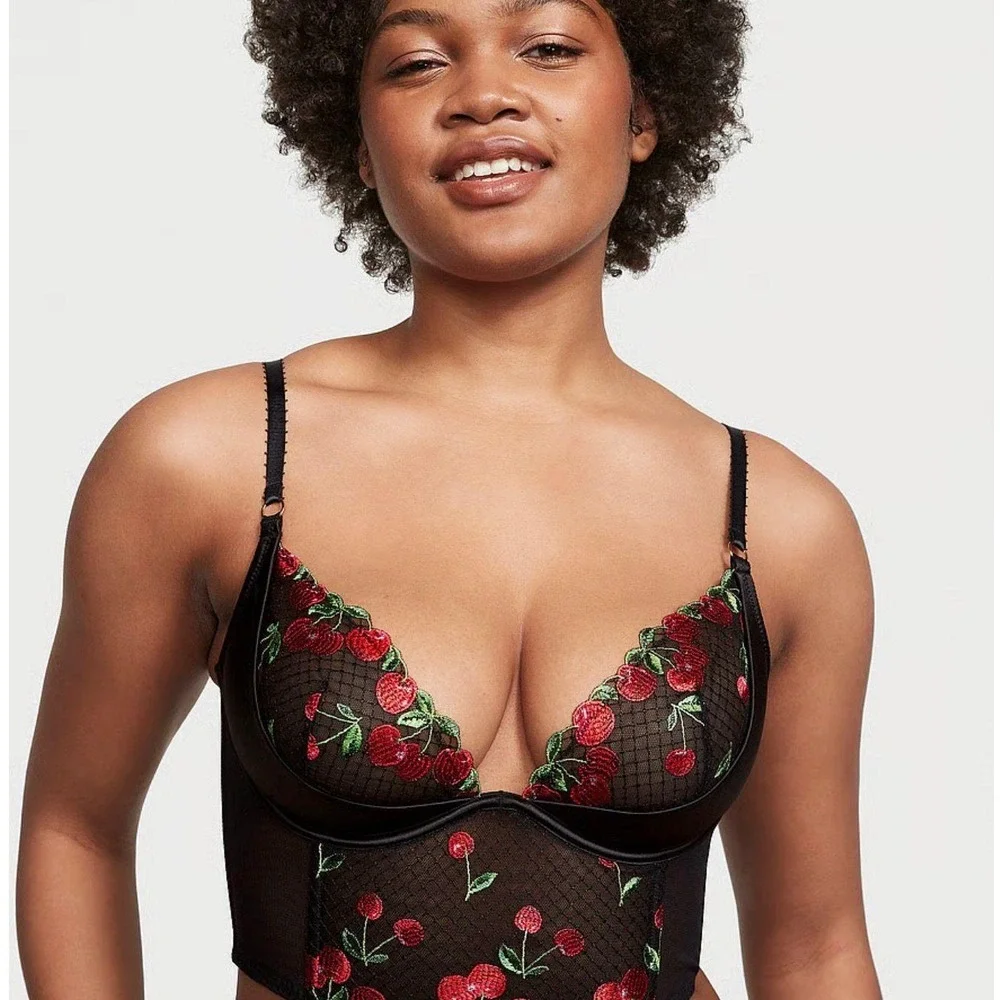 Victoria's Secret Cherry Corset Bra Black Mesh‎ 32DD Bustier Lingerie New